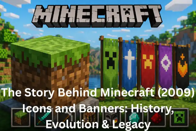 Minecraft icons and banners featuring grass block and custom designs