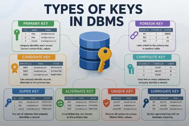 Types of Keys in DBMS diagram showing primary, foreign, and composite keys