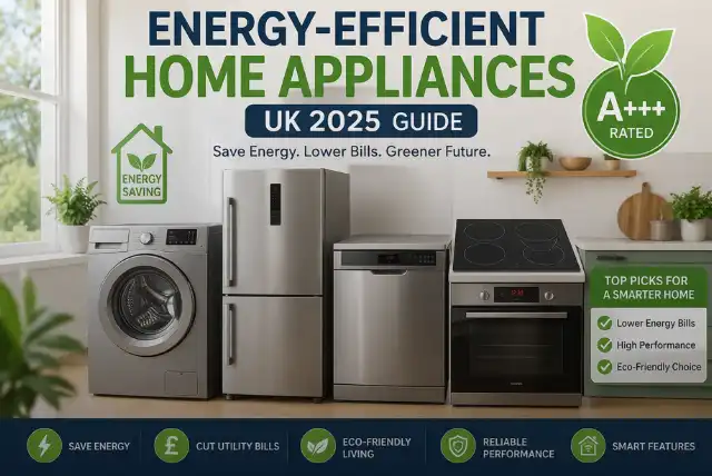 Energy-efficient home appliances UK including washing machine, fridge, and dishwasher