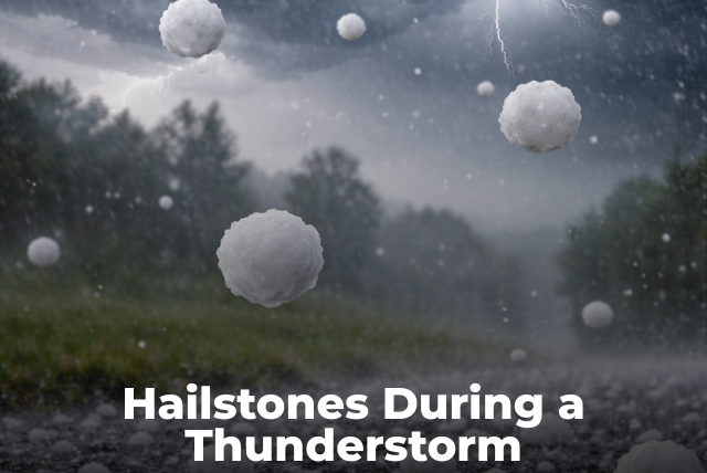 Hailstones falling during a storm showing ice balls in the sky
