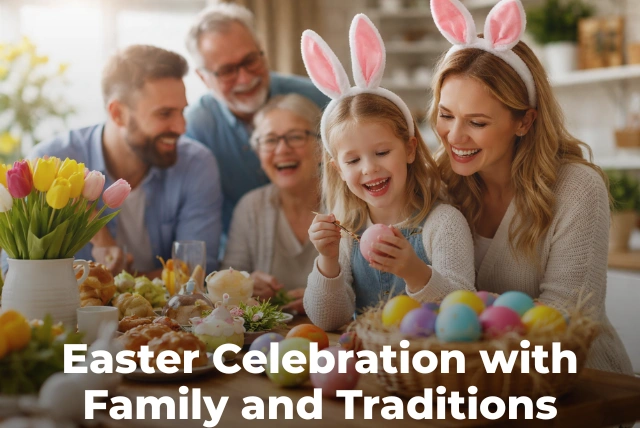 Easter 2026 celebration with family, eggs and spring decorations