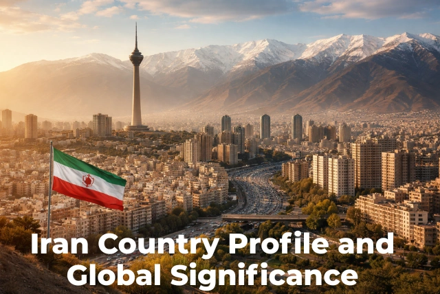 iran country profile showing Tehran skyline and mountains