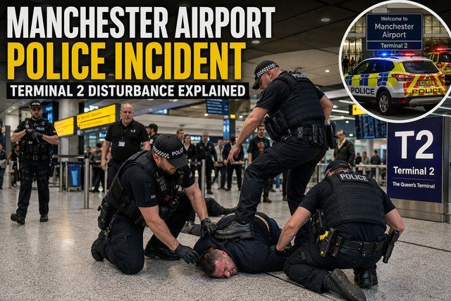 Manchester Airport police incident showing Terminal 2 disturbance and police arrest scene