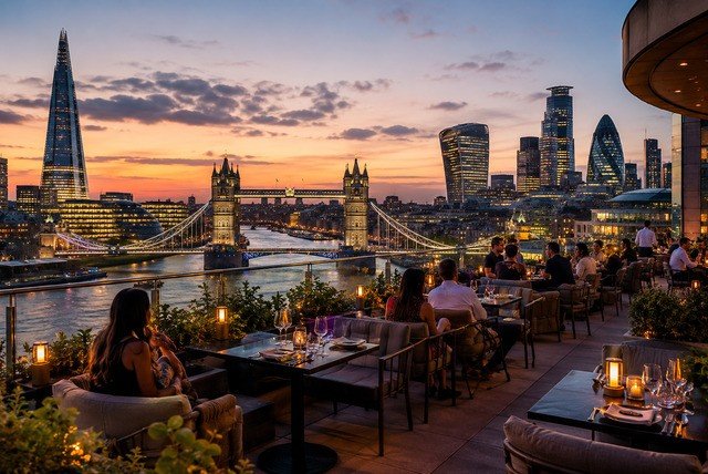 rooftop restaurants london with stunning skyline views at sunset