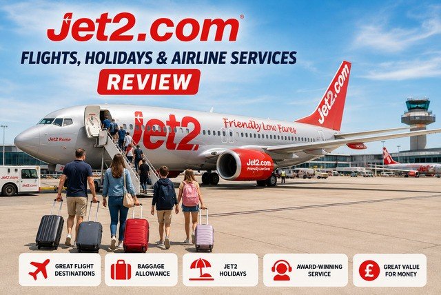 Jet2.com flights and holidays review showing a Jet2 aircraft at a UK airport