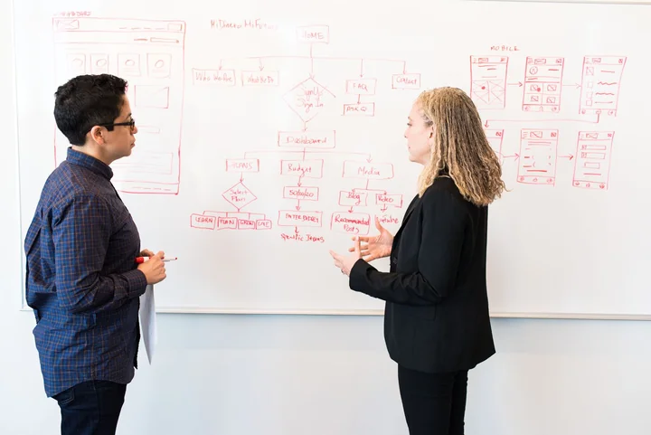 Two colleagues working through notes on a whiteboard