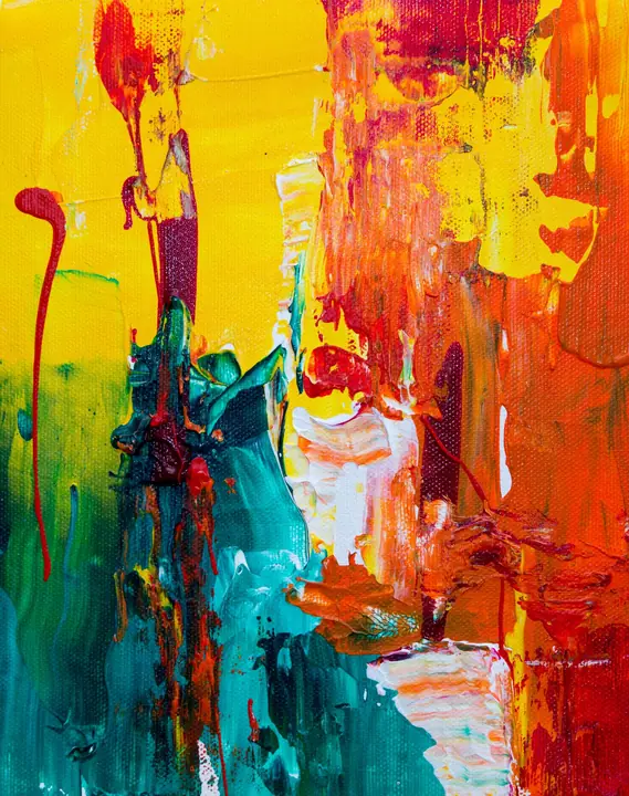 An abstract painting in red, yellow and blue