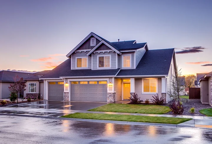 A detached family house photographed at sunset