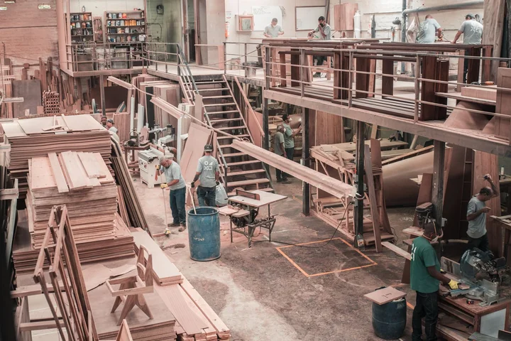 The interior of a large woodworking workshop