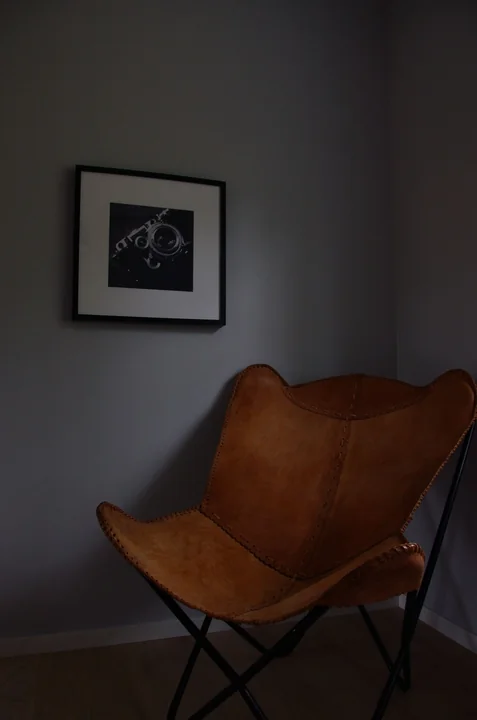 A framed photograph on a wall beside a leather chair