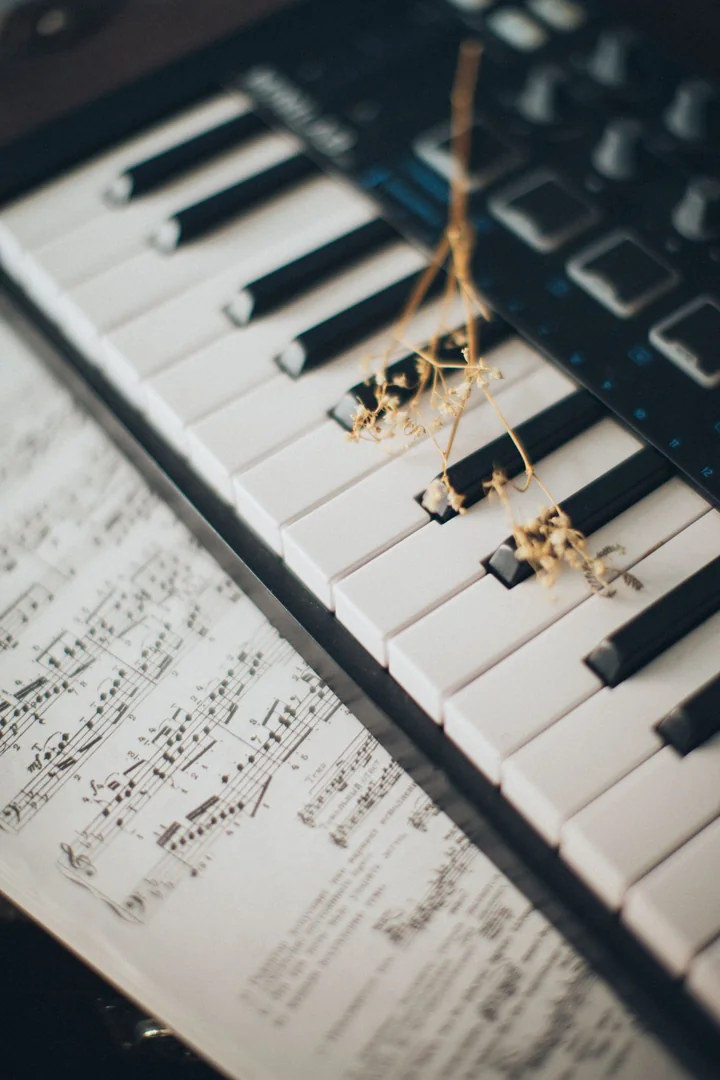 Sheet music resting on a piano keyboard
