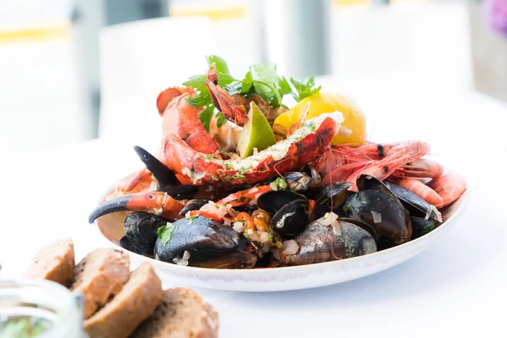 A seafood platter with mussels and shellfish